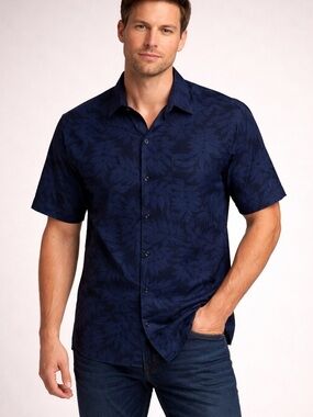 Men's Short Sleeve Navy Floral Jacquard Button-Down Shirt